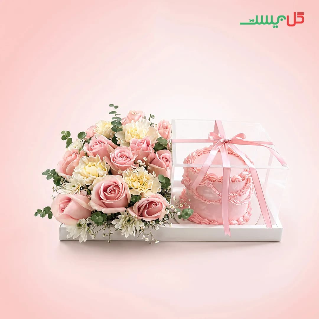 باکس گل آناهید | گل و کیک صورتی | گل فروشی آنلاین گل بیست