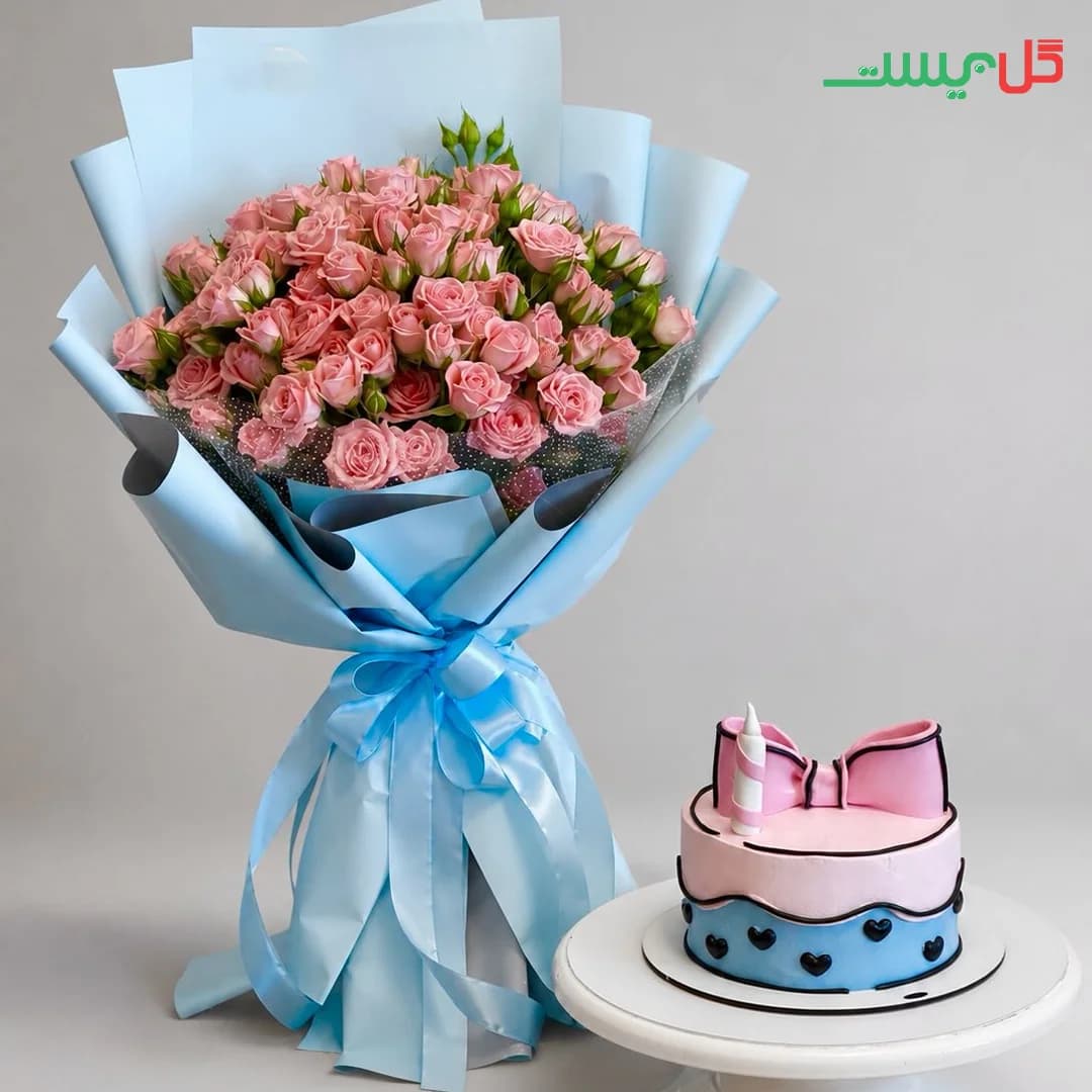 دسته گل پریا | رز مینیاتوری صورتی و کیک | گل بیست — تصویر ۴