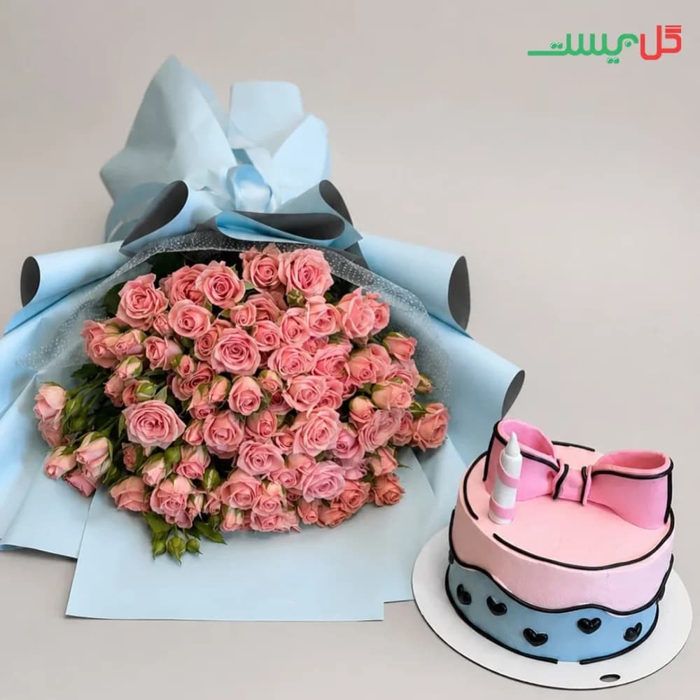 دسته گل پریا | رز مینیاتوری صورتی و کیک | گل بیست — تصویر ۵