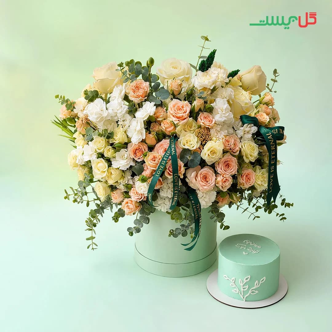 باکس گل ترانه | رز هلویی و کیک | گل فروشی آنلاین گل بیست — تصویر ۳