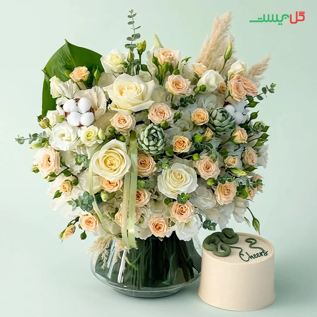 باکس گل ترنم | جار گل و کیک روشن | گل فروشی گل بیست