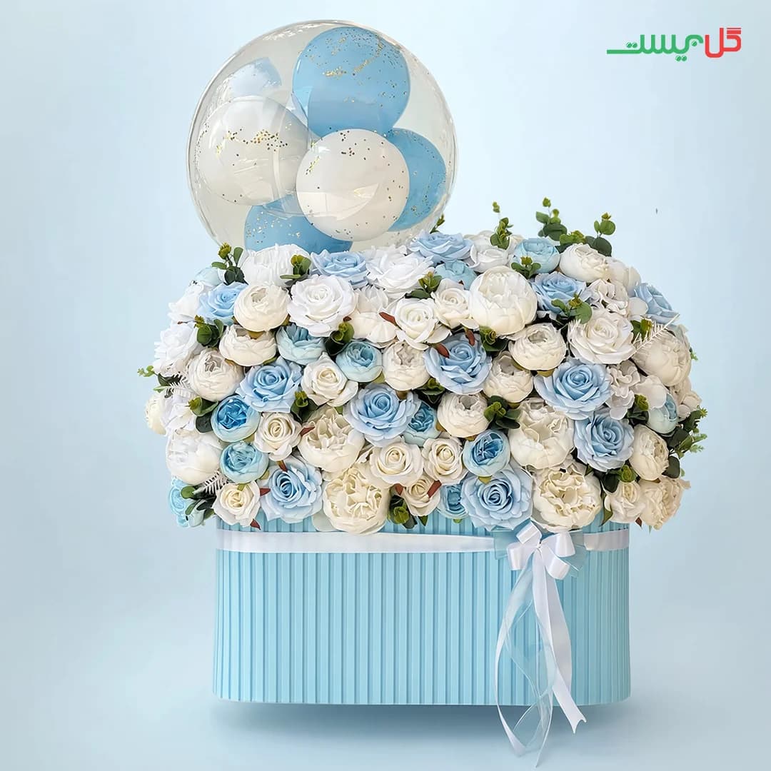 باکس گل مصنوعی ترسا | تم آبی و بادکنک | گل فروشی گل بیست — تصویر ۳