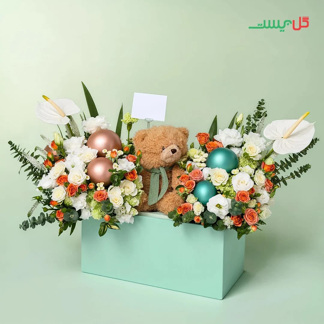 باکس گل چکاوک | خرس و بادکنک | گل فروشی آنلاین گل بیست