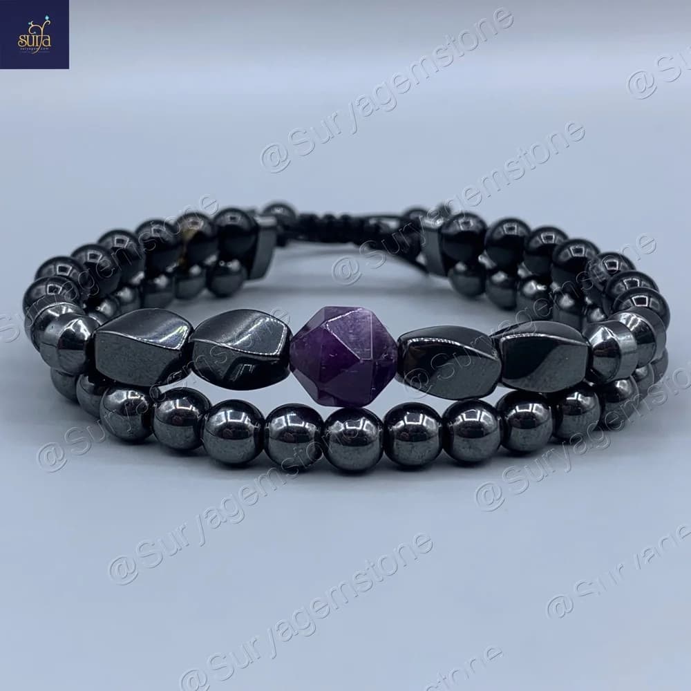 دستبند سنگی مردانه ، سنگ آمیتیست اصل ، عقیق طبیعی و حدید Iron Hand 4 — تصویر ۲