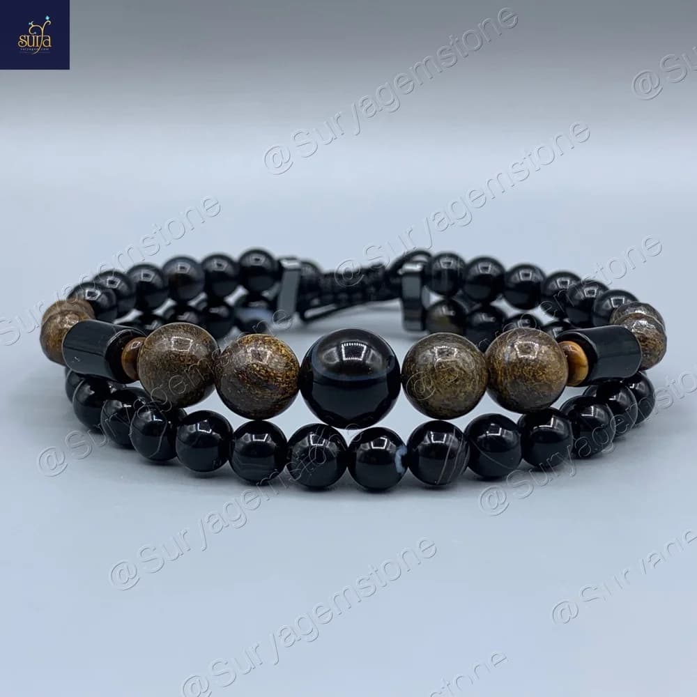 دستبند سنگ عقیق سلیمانی اصل ، برنزیت و چشم ببر ، سنگی مردانه Shani Gallant