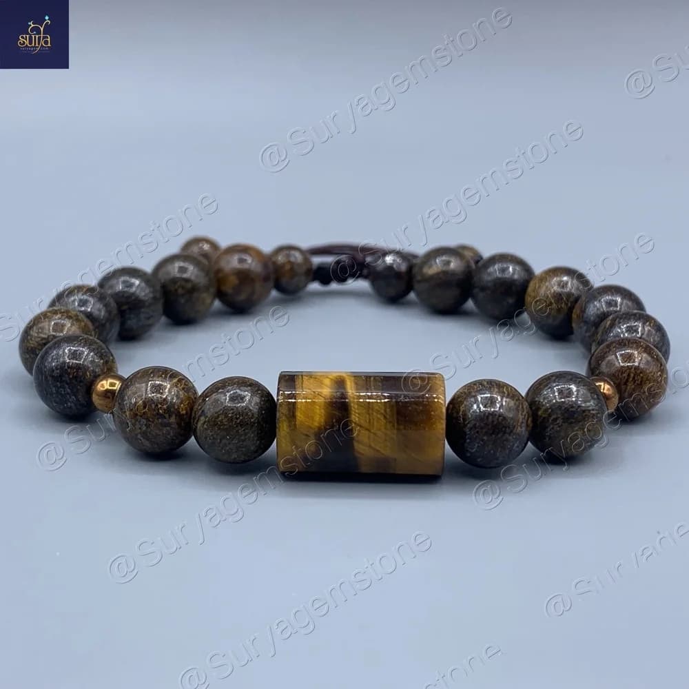 دستبند مردانه سنگ چشم ببر اصل و معدنی و برنزیت Shani Cartridge