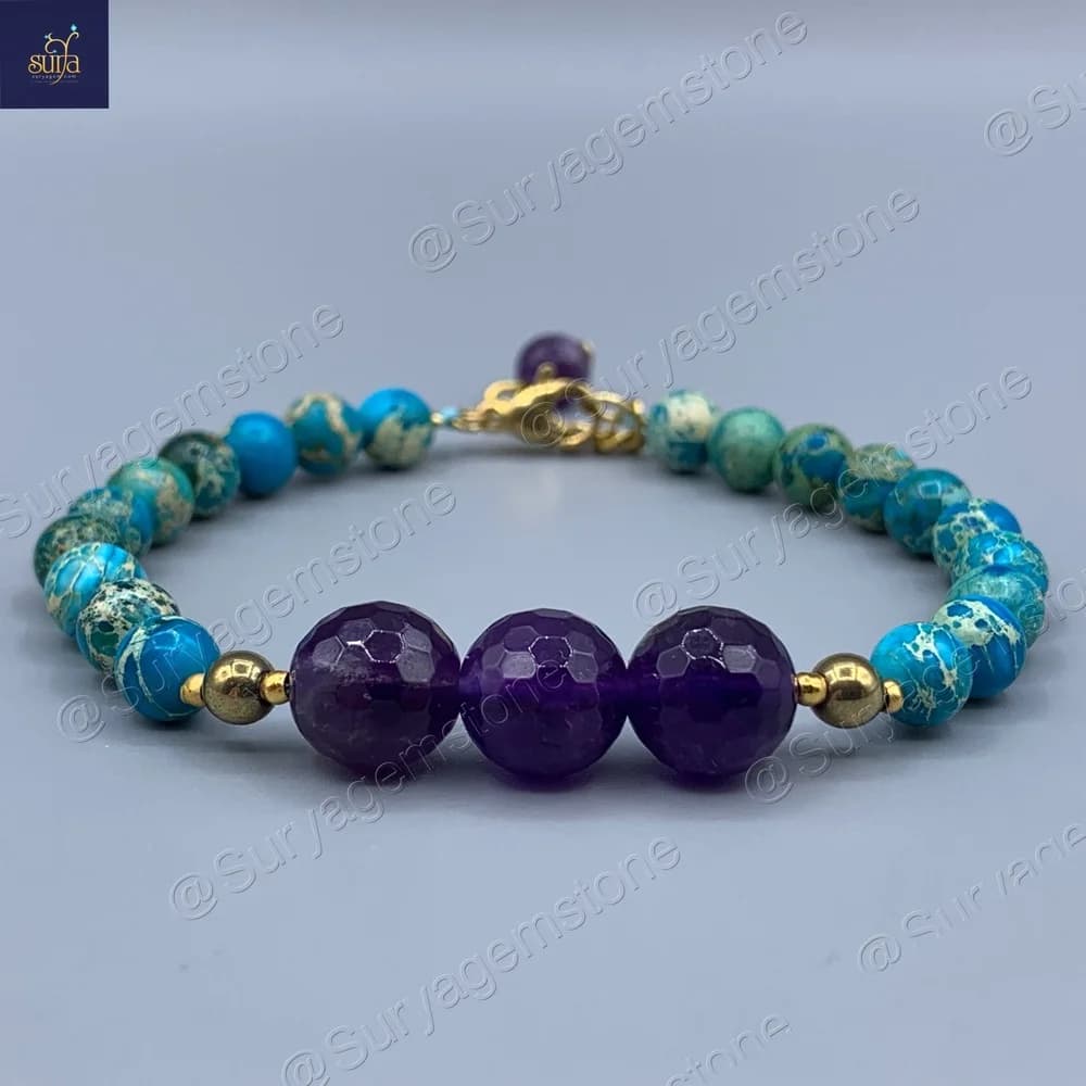 دستبند زنانه سنگی ، سنگ آمیتیست اصل و جاسپر دریایی Goru Charm