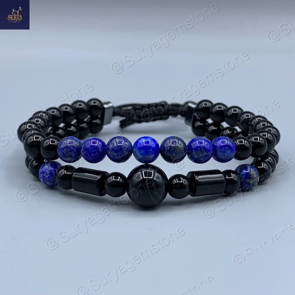 دستبند مردانه سنگ لاجورد اصل ، عقیق و اونیکس دو ردیفه Ketu Stylish