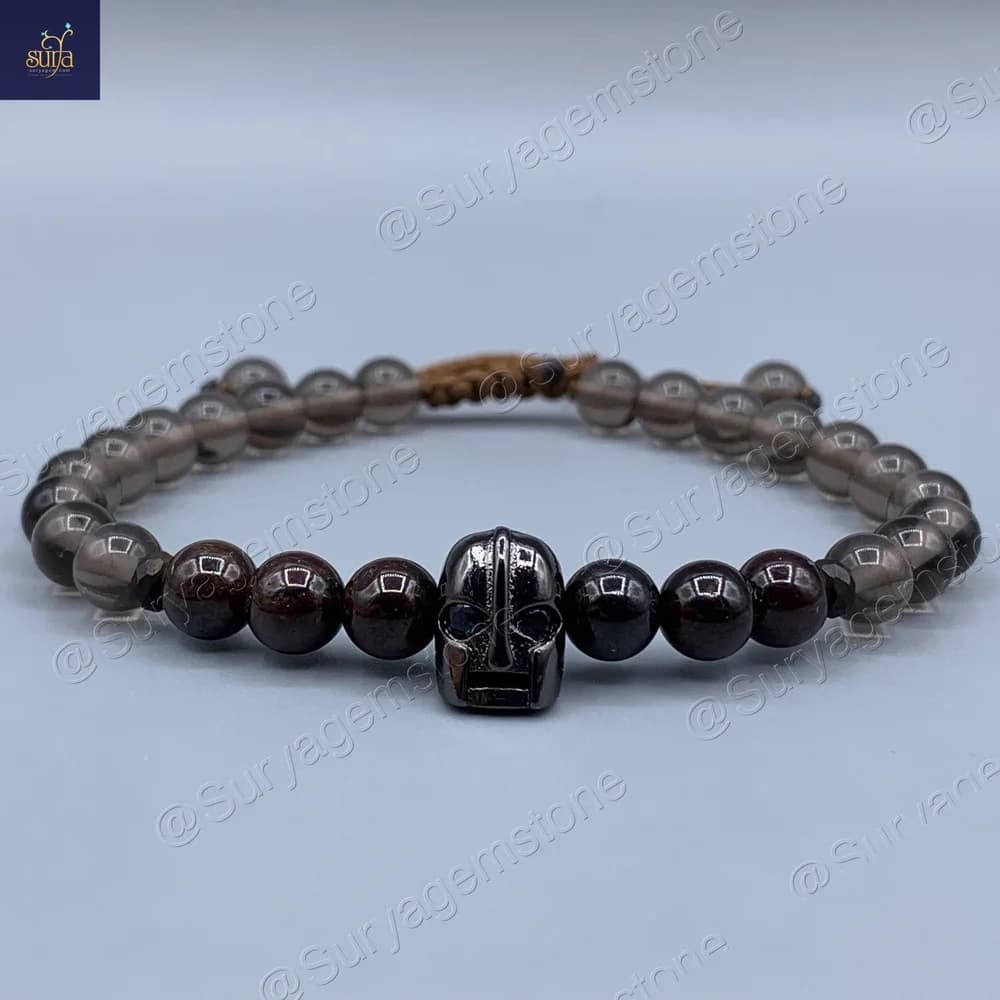 دستبند مردانه سنگی ، سنگ گارنت و کوارتز دودی اصل و معدنی Ketu Iron