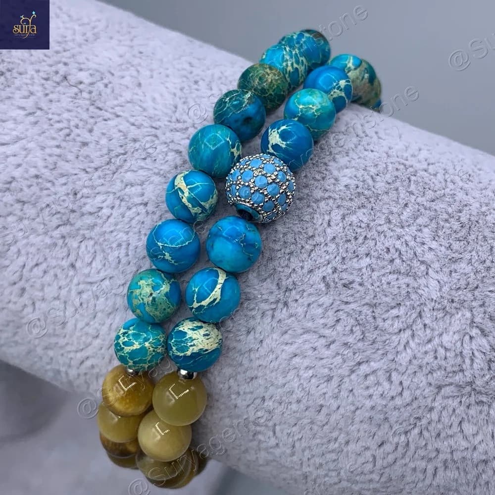 دستبند زنانه سنگی چشم ببر و جاسپر دریایی ، دو ردیفه ، سنگ اصل و معدنی Goru Ocean — تصویر ۴