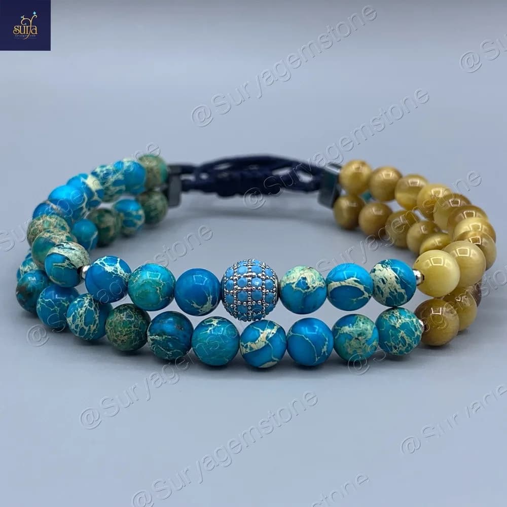 دستبند زنانه سنگی چشم ببر و جاسپر دریایی ، دو ردیفه ، سنگ اصل و معدنی Goru Ocean — تصویر ۸