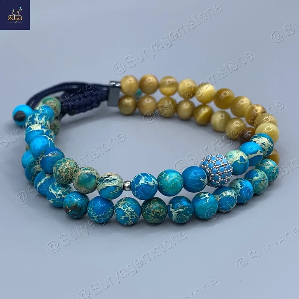 دستبند زنانه سنگی چشم ببر و جاسپر دریایی ، دو ردیفه ، سنگ اصل و معدنی Goru Ocean — تصویر ۵