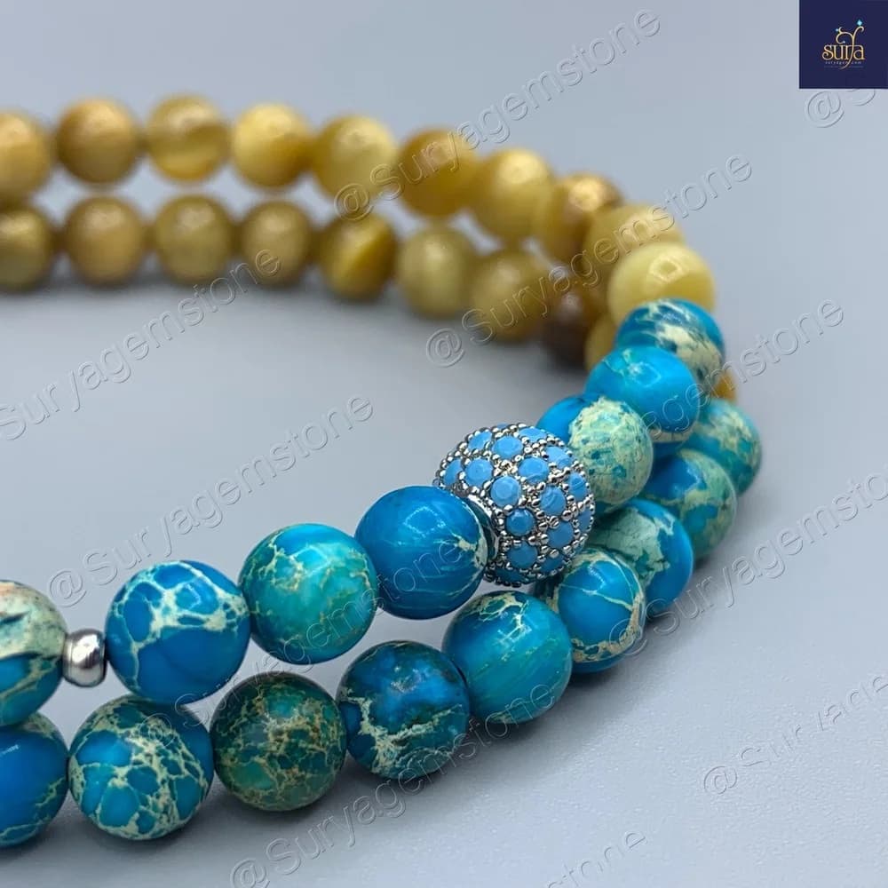 دستبند زنانه سنگی چشم ببر و جاسپر دریایی ، دو ردیفه ، سنگ اصل و معدنی Goru Ocean — تصویر ۹