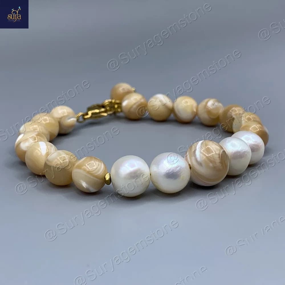 دستبند مروارید طبیعی و صدف کاراملی ، سنگی زنانه Chandra pearl — تصویر ۱۲