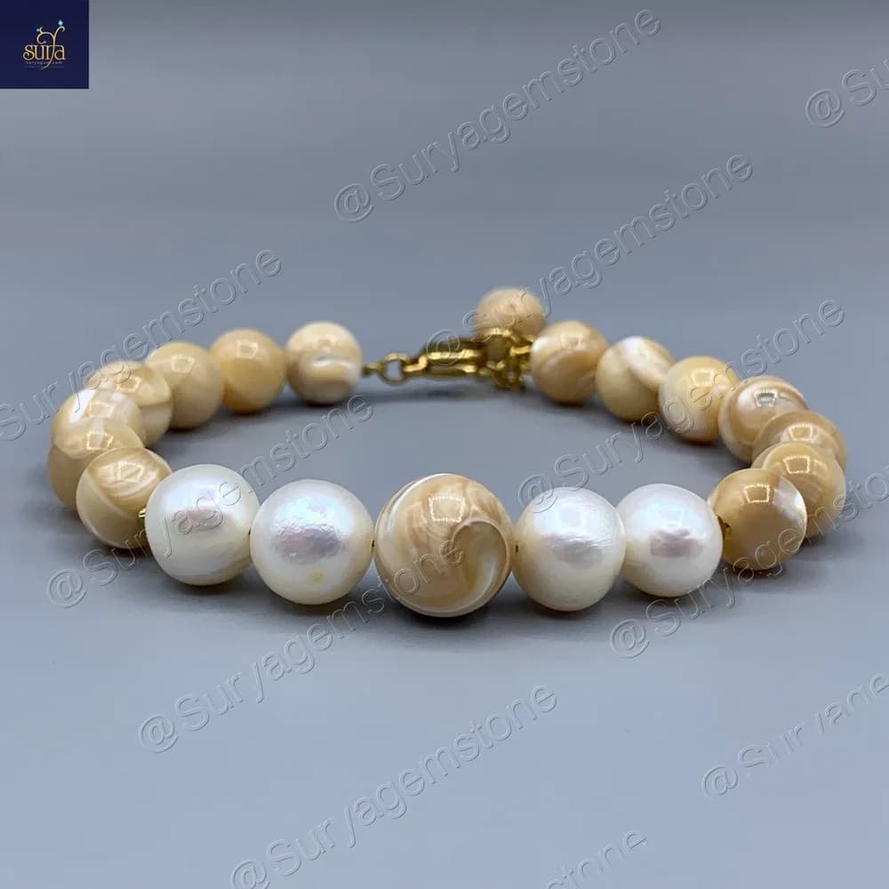 دستبند مروارید طبیعی و صدف کاراملی ، سنگی زنانه Chandra pearl — تصویر ۷