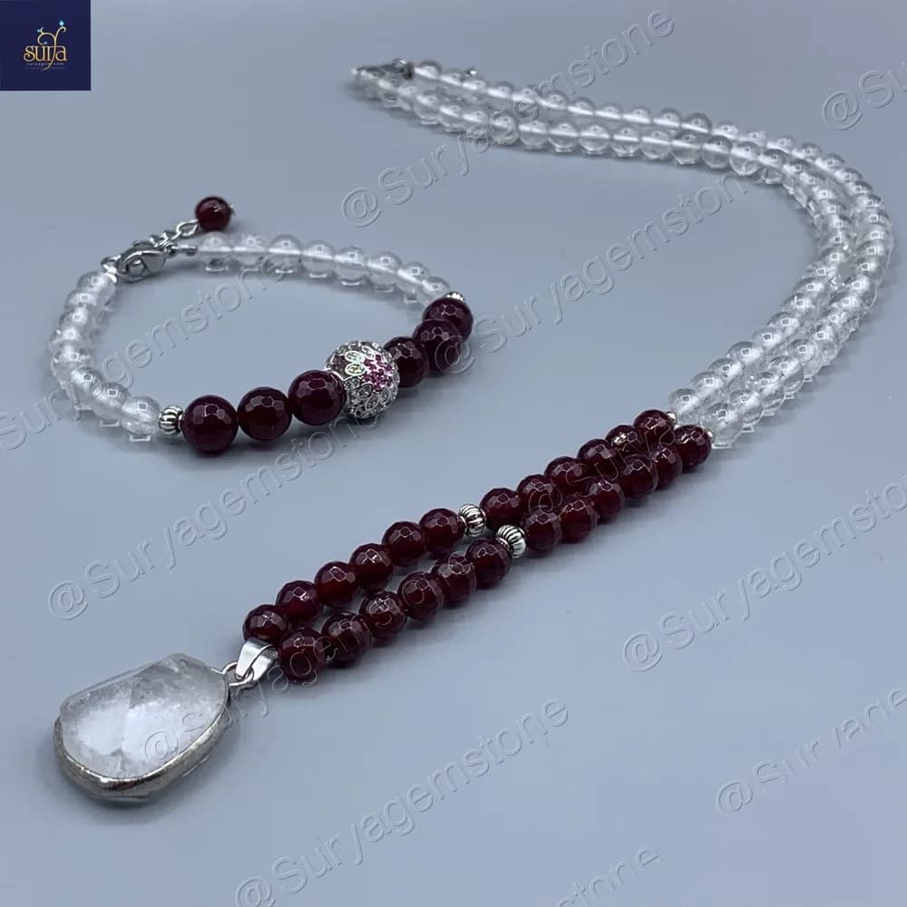 ست دستبند و گردنبند سنگی اصل ، سنگ معدنی کوارتز و عقیق سرخ ، زنانه Chandra Bloody