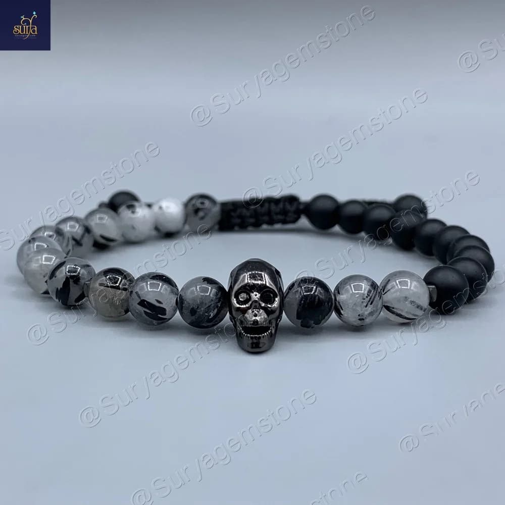 دستبند سنگی مردانه ، سنگ اصل و معدنی کوارتز روتایل و اونیکس Ketu Skull