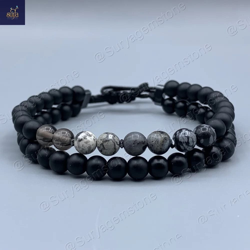 دستبند مردانه سنگی اونیکس ، لارویکیت ، جاسپر ، آبسیدین و کوارتز دودی Ketu Mad