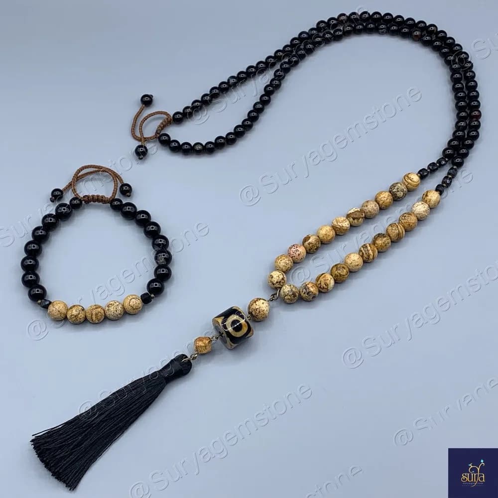 گردنبند سنگی اصل ، سنگ معدنی جاسپر و عقیق ، مردانه Shani Sandy+
