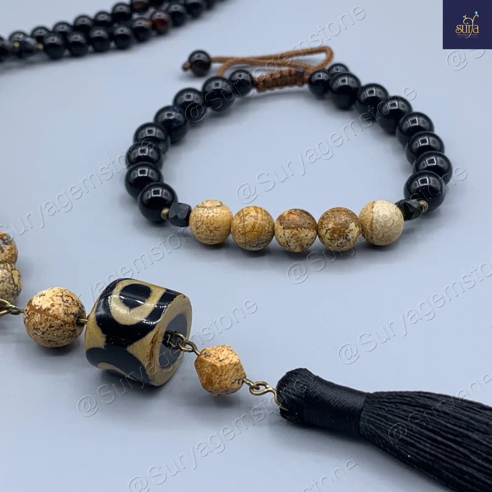 ست دستبند و گردنبند سنگی اصل ، سنگ معدنی جاسپر و عقیق ، مردانه Shani Tibet — تصویر ۳