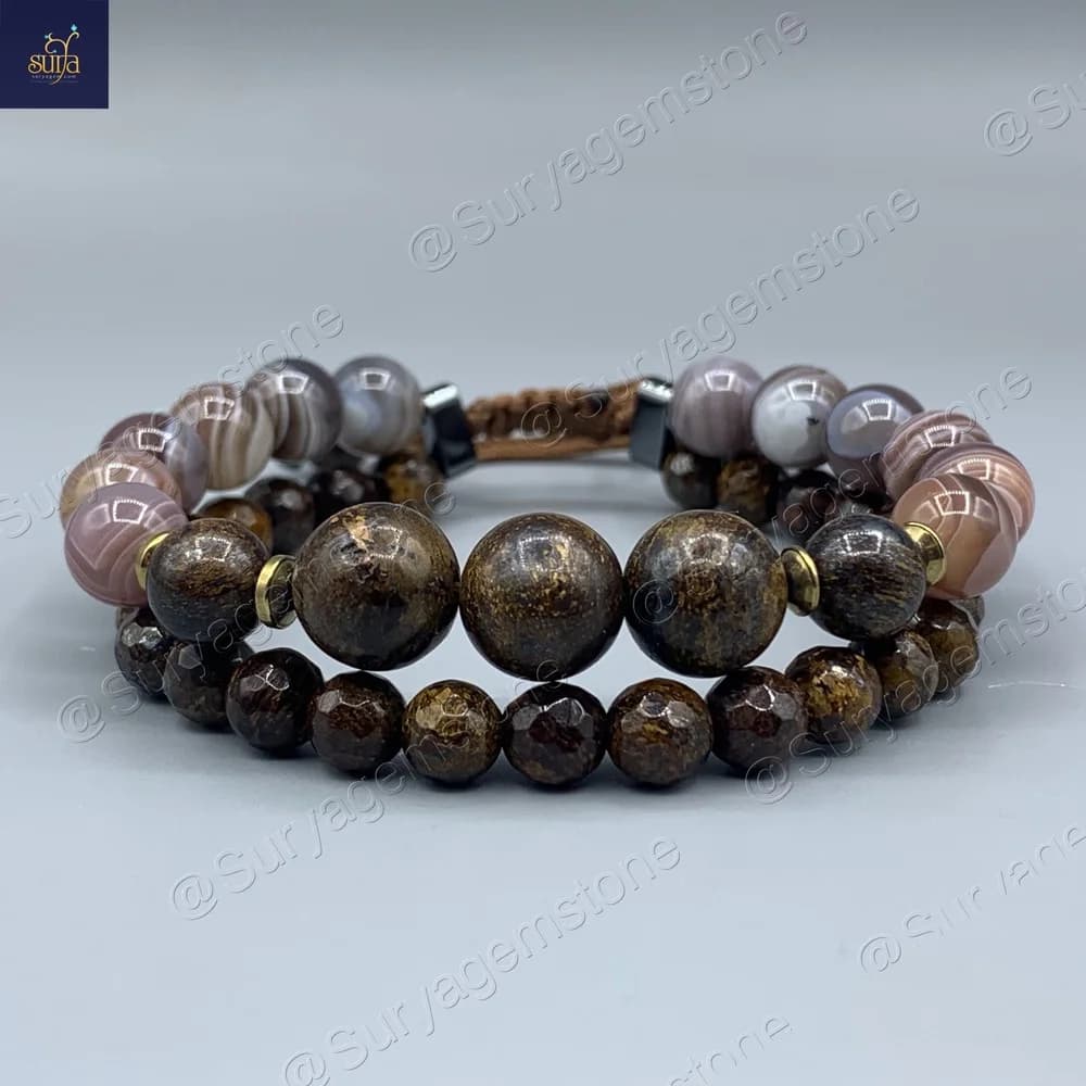 دستبند سنگی مردانه دو ردیفه ، سنگ عقیق بوتسوانا اصل و برنزیت معدنی Shani Brown — تصویر ۱۰