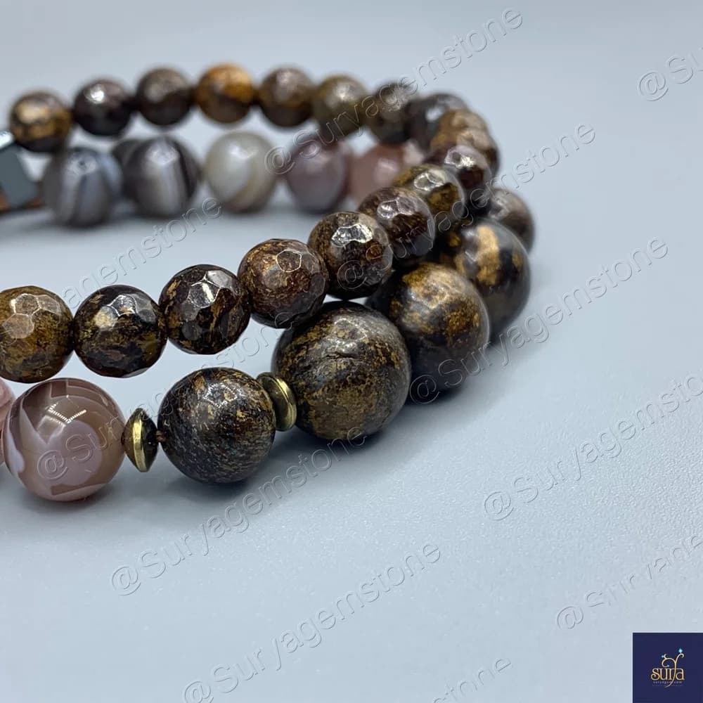 دستبند سنگی مردانه دو ردیفه ، سنگ عقیق بوتسوانا اصل و برنزیت معدنی Shani Brown — تصویر ۴