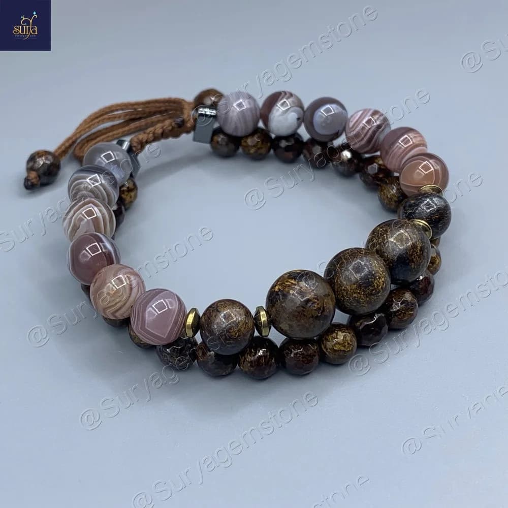 دستبند سنگی مردانه دو ردیفه ، سنگ عقیق بوتسوانا اصل و برنزیت معدنی Shani Brown — تصویر ۵
