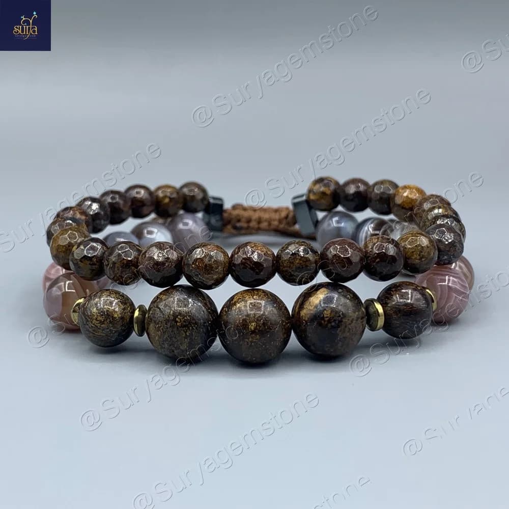 دستبند سنگی مردانه دو ردیفه ، سنگ عقیق بوتسوانا اصل و برنزیت معدنی Shani Brown — تصویر ۳