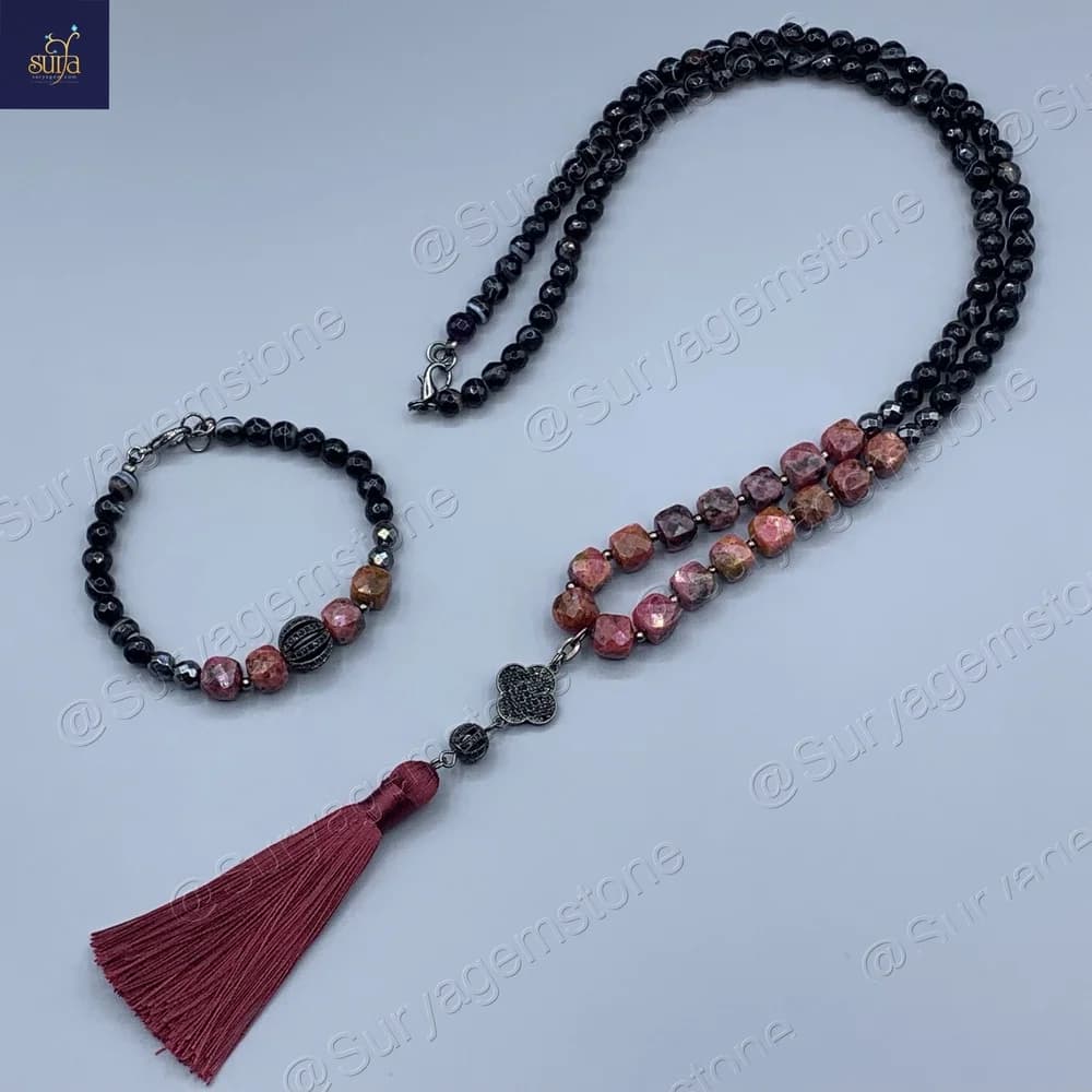 گردنبند سنگی اصل ، سنگ معدنی رودونیت و عقیق ، زنانه Mangal Rodo+