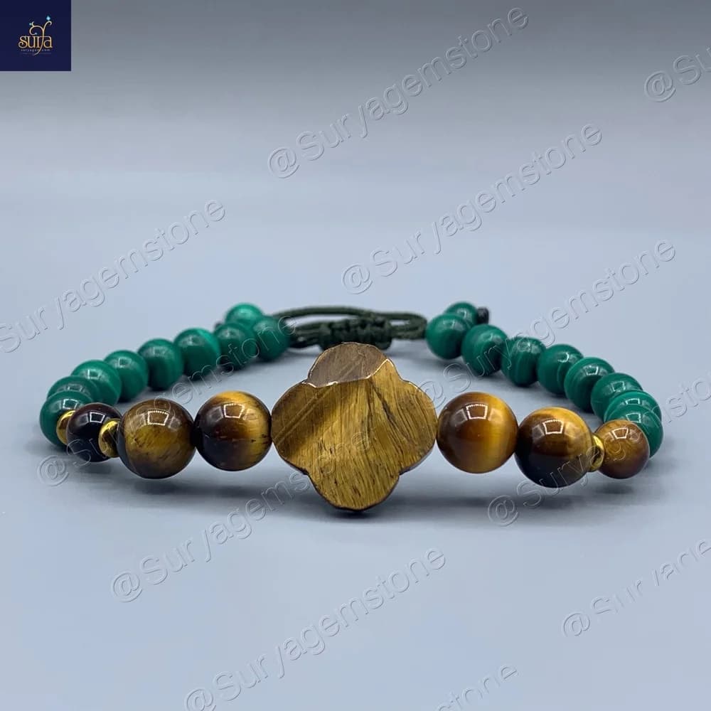 دستبند سنگی زنانه ، سنگ مالاکیت اصل و چشم ببر معدنی Buda Mala Cleef