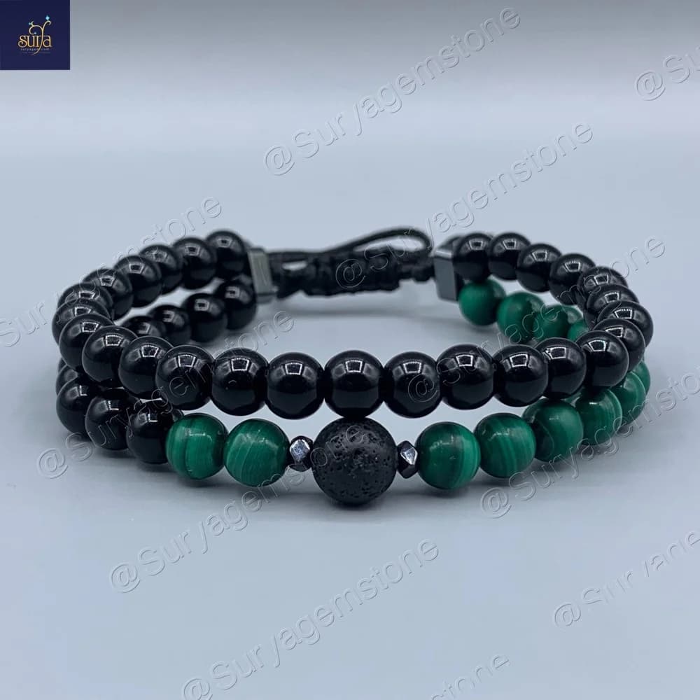 دستبند سنگ مالاکیت مردانه ، لاوا و اونیکس ، سنگی اصل و معدنی ، دو ردیفه Buda Hole