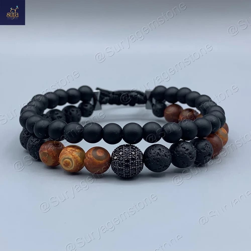 دستبند مردانه سنگی دو ردیفه ، سنگ اونیکس ، لاوا و عقیق اصل و معدنی Ketu Rock