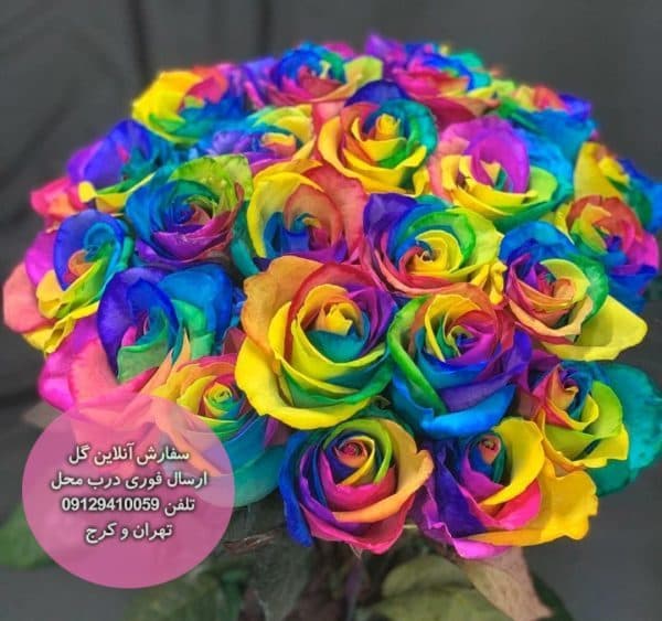 دسته گل 50 شاخه ای رز رنگین کمان