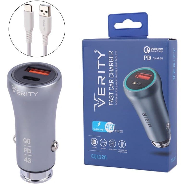 شارژر فندکی فست شارژ Verity V-CQ1120 3A QC PD 25W + کابل تایپ سی