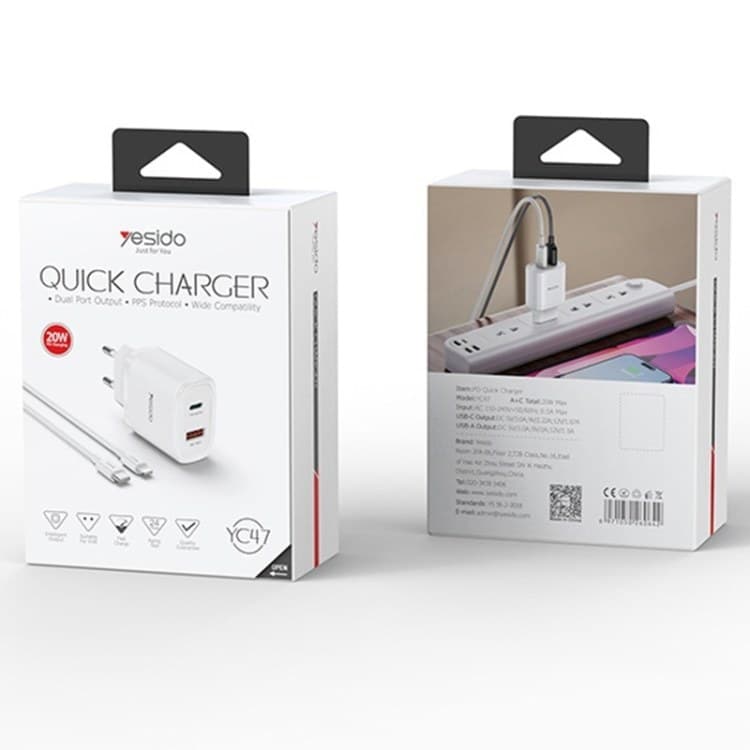 شارژر دیواری فست شارژ Yesido YC50 2Port 3A QC3.0 PD 20W + کابل تبدیل تایپ سی — تصویر ۷