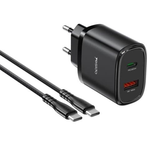 شارژر دیواری فست شارژ Yesido YC50 2Port 3A QC3.0 PD 20W + کابل تبدیل تایپ سی