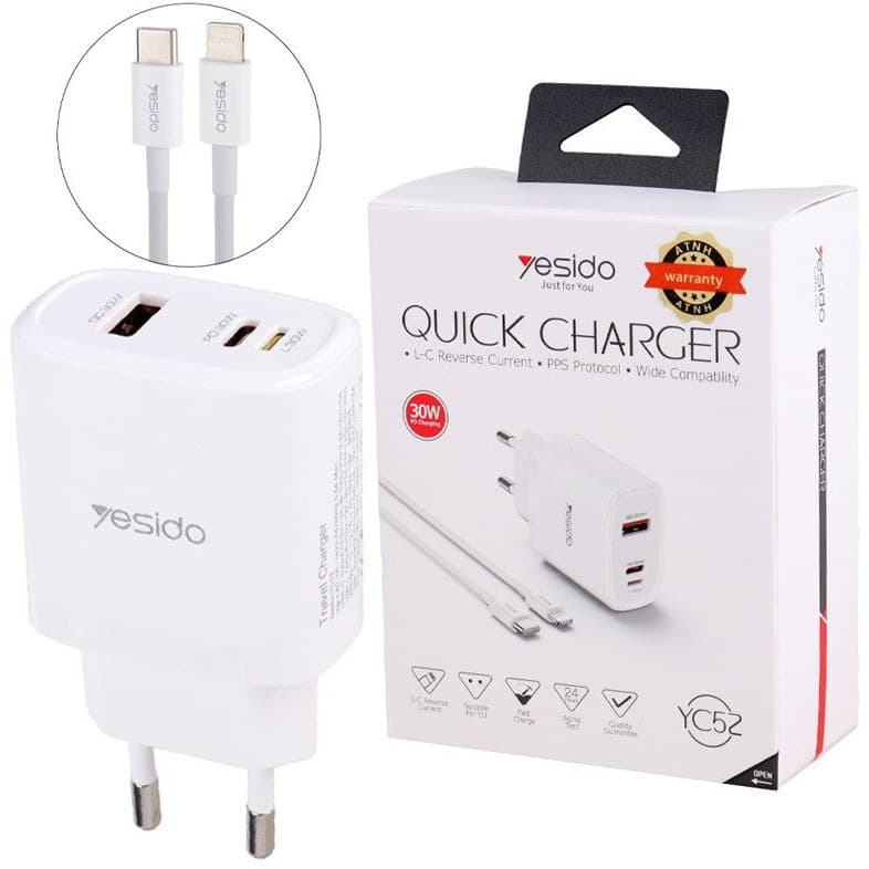 شارژر دیواری فست شارژ Yesido YC52 3Port 3A PD QC3.0 30W + کابل آیفونی