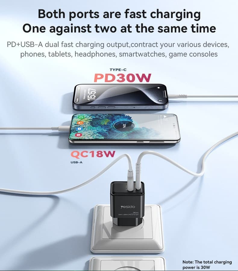 کلگی فست شارژ Yesido YC64 Gan 2Port 3A QC PD 30W — تصویر ۵