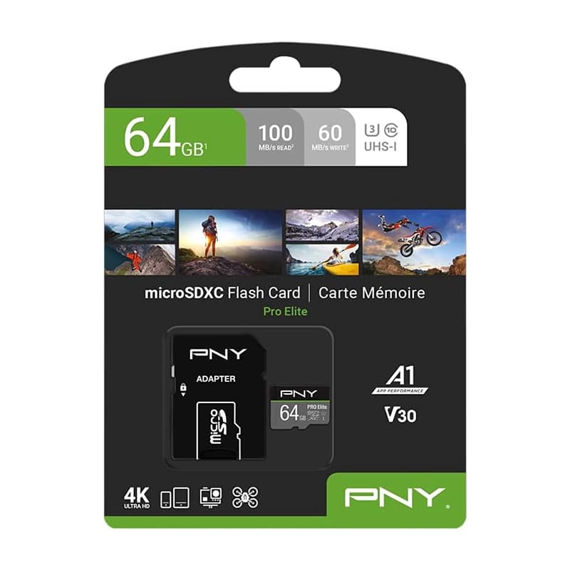 کارت حافظه microSDXC پی ان وای مدل Pro Elite کلاس 10 استاندار UHS-I A1 V30 سرعت 100MB/S ظرفیت 64 گیگابایت — تصویر ۳