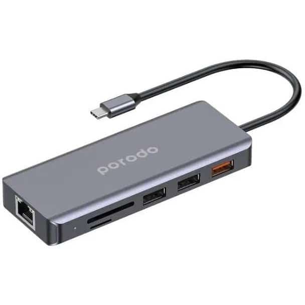 هاب USB-C پرودو مدل PD-91CHB-GY با ۹ پورت و توان ۱۰۰ وات