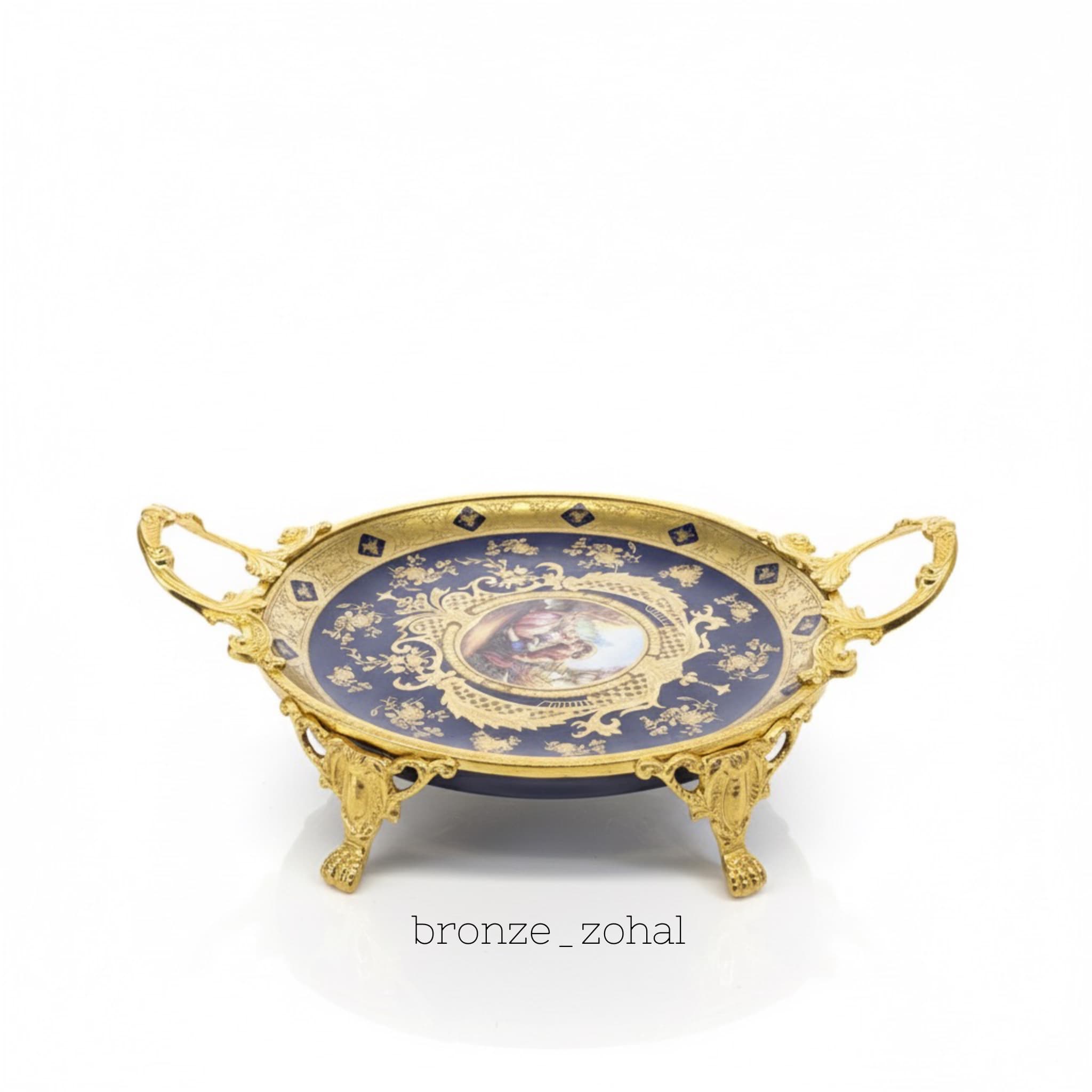 شیرینی‌خوری برنزی سرمه‌ای طرح ظریف | چینی درجه‌یک و آبکاری طلایی – برنز زحل