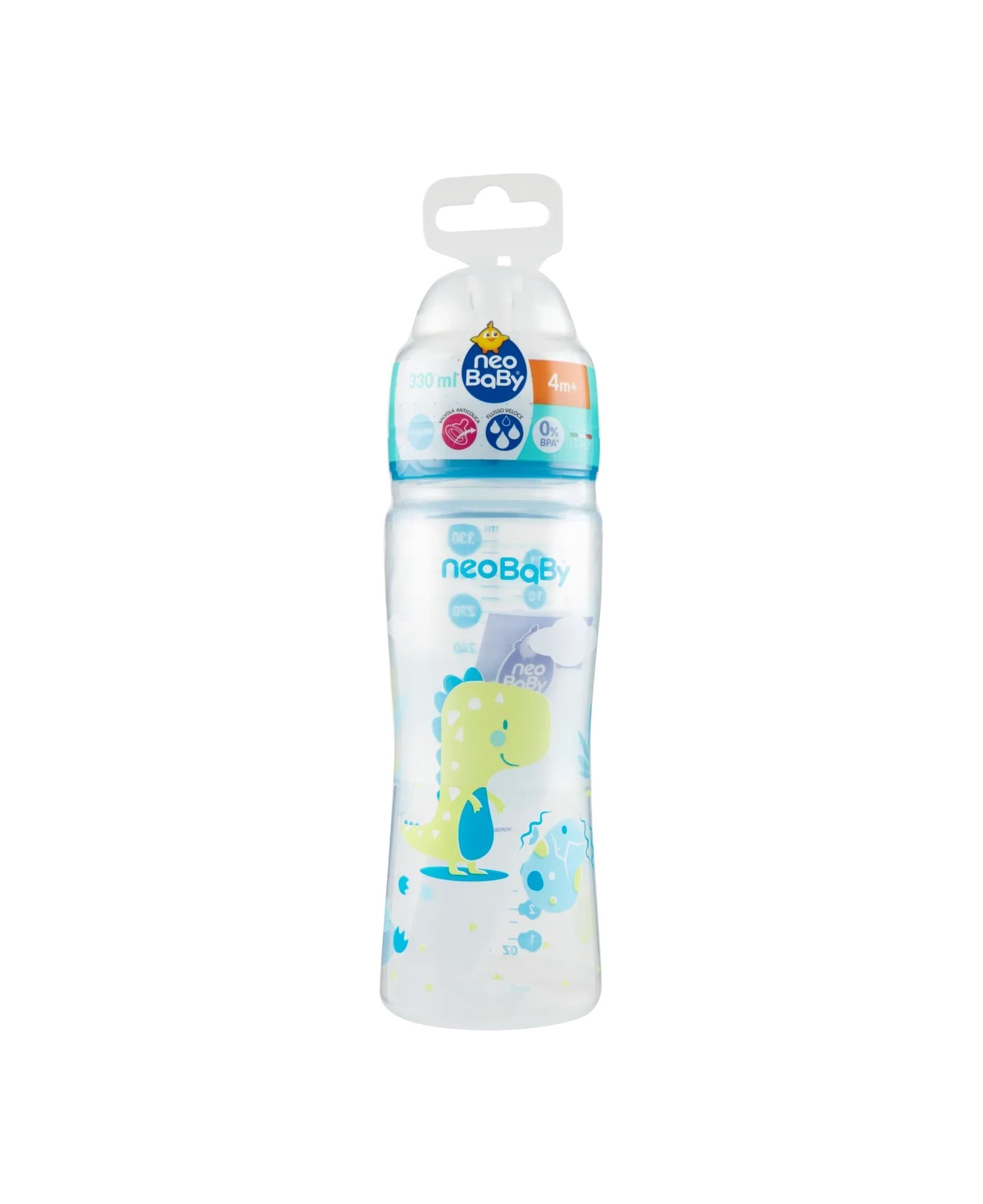 شیشه شیر ضدنفخ و آنتی کولیک 330میل نئوبیبی ایتالیا +4ماه دایناسور سبز new baby