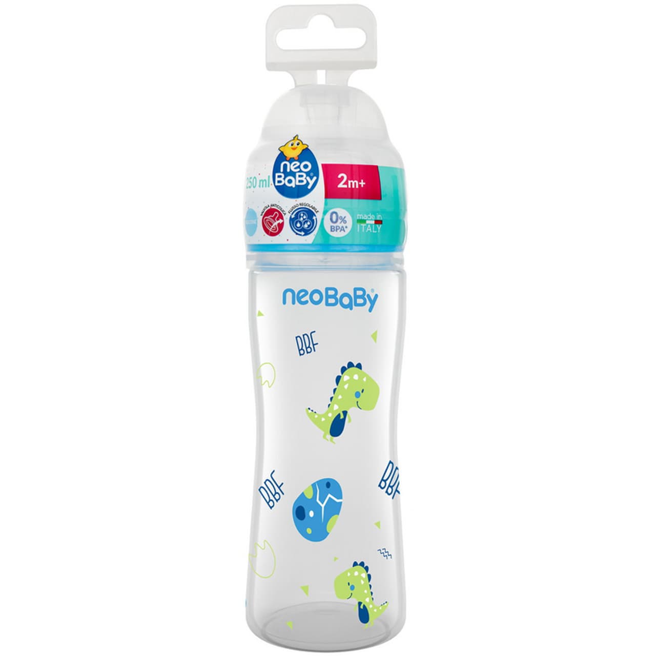 شیشه شیر ضدنفخ و آنتی کولیک 250میل نئوبیبی ایتالیا +2ماه دایناسور سبز new baby