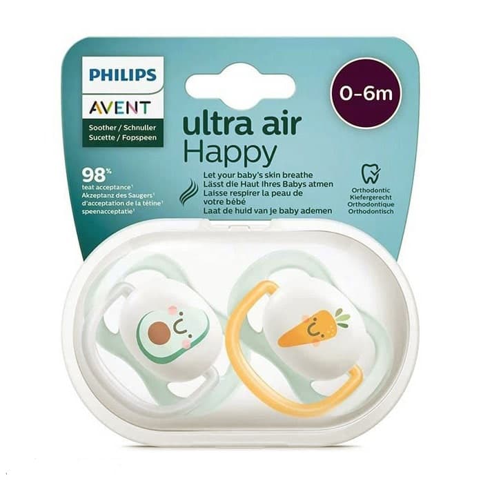 پستانک ارتودنسی 0 تا 6 ماه دوتایی فیلیپس اونت PHILIPS AVENT سری UltraSoft طرح آووکادو و هویج