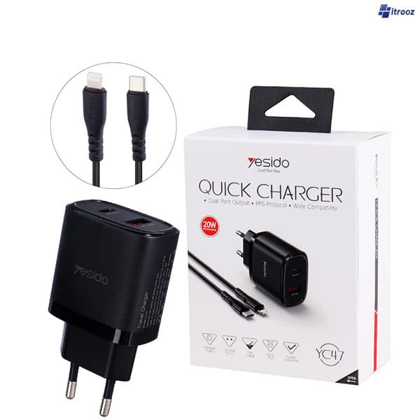 شارژر دیواری 20وات یسیدو مدل yesido yc47+کابل آیفون
