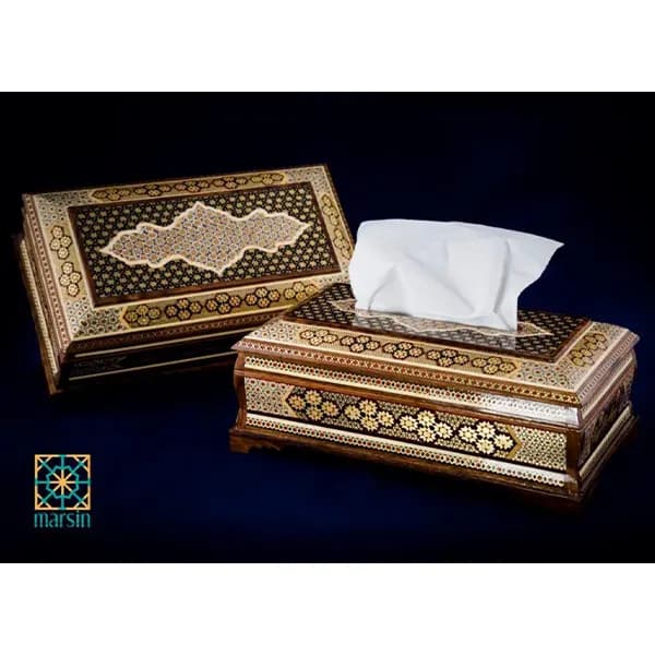 ست جعبه دستمال کاغذی و جعبه کارد و چنگال خاتم کاری کد 50 — تصویر ۲