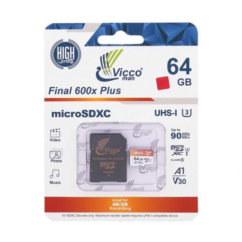 کارت حافظه ۶۴ گیگ ویکومن Vicco Final 600x Plus U3 A1 90MB