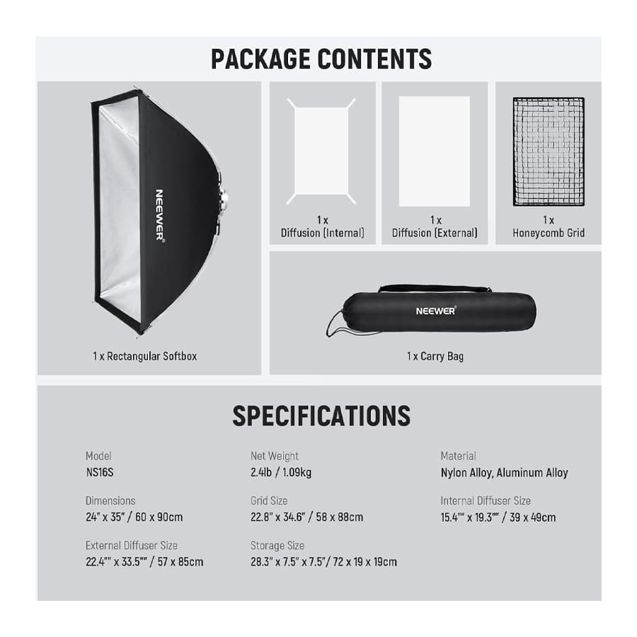 سافت باکس با گرید نیور NEEWER Softbox 60×90cm NS16S — تصویر ۶