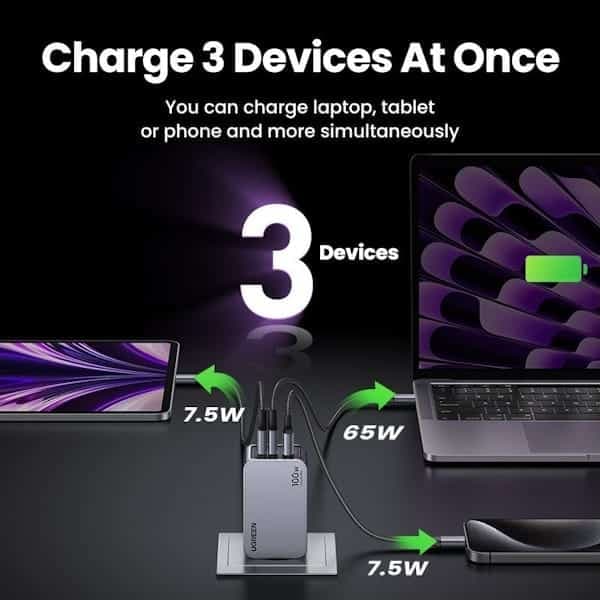 شارژر دیواری 100 وات با دو پورت USB-C و یک پورت USB-A یوگرین مدل X757 کد 25874 همراه با کابل USB-C — تصویر ۵