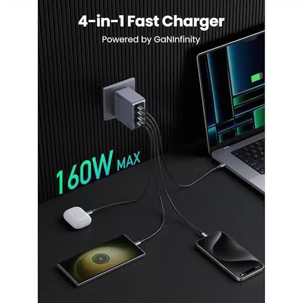 شارژر دیواری 160 وات Nexode Pro سه پورت USB-C و یک پورت USB-A یوگرین مدل X763 کد 25877 همراه با کابل 4 آمپر USB-C به طول 1.5 متر — تصویر ۱۲